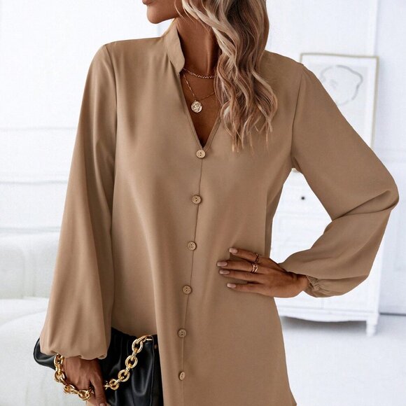 Khaki Casual Women's Notched Neckline Lantern Sleeve Dress - Picture 5 of 6